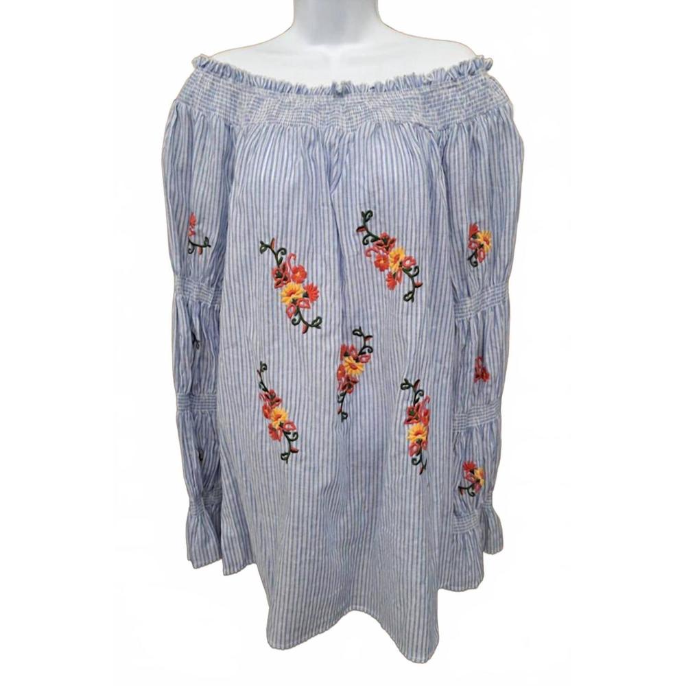 NEW ANGELA PLUS women's off shoulder elastic neck/arms embroidered in blue
